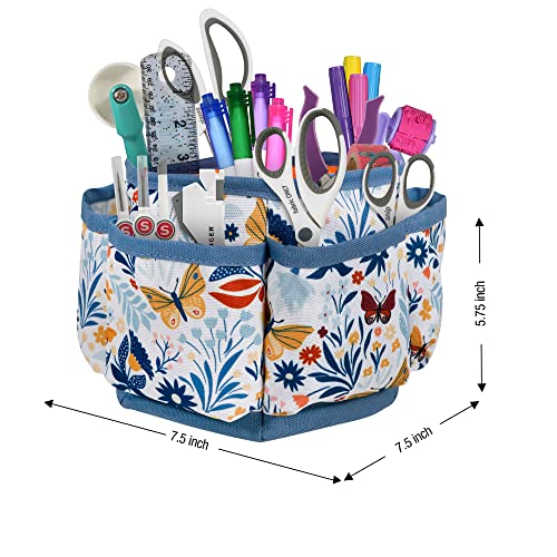 SINGER 360 Rotating Sewing Organizer Caddy, Butterfly Floral Desk Storage | 360-degree rotating desktop organizer with 4 padded compartments and 6 outer pockets; keeps thread, tools and notions handy