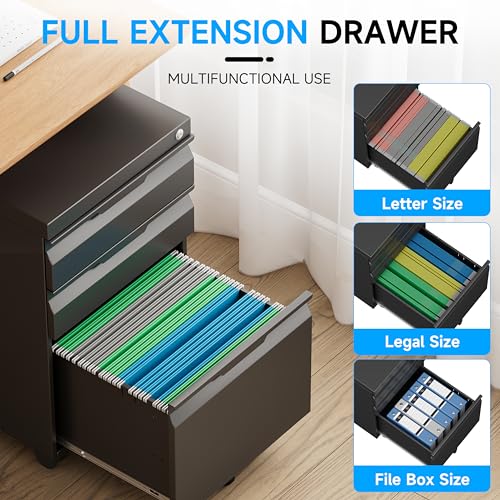 Bestoo Mobile File Cabinet, 3 Drawers Filing Cabinet with Wheels | Lockable, Metal File Cabinet, Under Desk File Cabinet, Suitable for Letter/Legal/A4/ File Folder, Easy to Assemble - color: Black, size: 3Drawer-Mobile-24.2"H