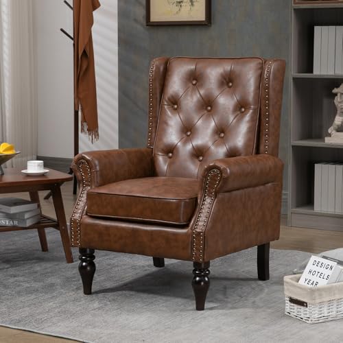 Mid-Century High Wingback Chair Set of 2, PU Leather Accent Chair Armchair with Buttons,Modern Living Room Chairs with Rivet Decoration,Leisure Single Sofa Chair for Bedroom,Home Reception (Brown) - color: Brown Set of 2