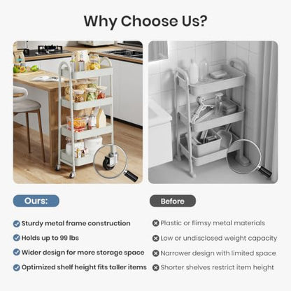 DUMOS 4 Tiers Rolling Utility Cart, Storage Organizer, Shelving Unit | Metal, Lockable Wheels, Mobile, Kitchen, Bathroom, Laundry, Narrow Places, White - color: 4-tier White