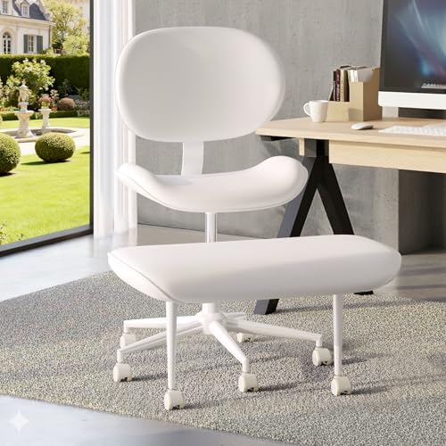 Cross Legged Office Chair with Wheels for ADHD, Ergonomic 360° Swivel Height-Adjustable Meditation Chair for Yoga, Wide Kneeling Chair with Strong Lumbar Support, PU Leather, Off White - color: Off White-pu