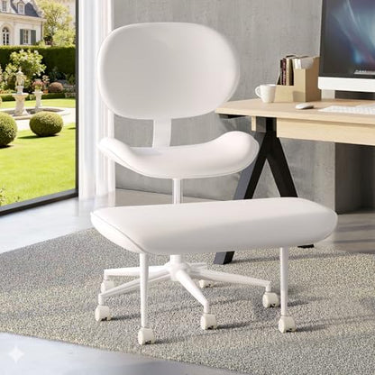 Cross Legged Office Chair with Wheels for ADHD, Ergonomic 360° Swivel Height-Adjustable Meditation Chair for Yoga, Wide Kneeling Chair with Strong Lumbar Support, PU Leather, Off White - color: Off White-pu