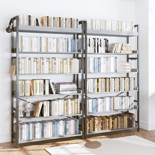 HCHQHS Bookshelf, Adjustable Industrial Bookcase, Vertical Tall Book Shelf, Wood and Black Metal Open Bookshelves for Home Office, Living Room, Bedroom (Grey, 6-Tier (31" W x 70" H)) - color: Grey, size: 6-Tier (31"W x 70"H)