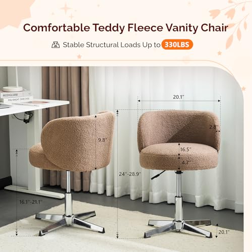 VINGLI Cute Small Swivel Desk Chair Comfy no Wheels,Ergonomic Low-Back Lumbar Support Vanity Nail Tech Computer Task Stool Chair for Home Office,Height Adjustable,Teddy Fleece,Brown - color: Brown-teddy Fleece, style: No wheel