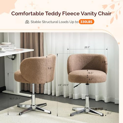 VINGLI Cute Small Swivel Desk Chair Comfy no Wheels,Ergonomic Low-Back Lumbar Support Vanity Nail Tech Computer Task Stool Chair for Home Office,Height Adjustable,Teddy Fleece,Brown - color: Brown-teddy Fleece, style: No wheel