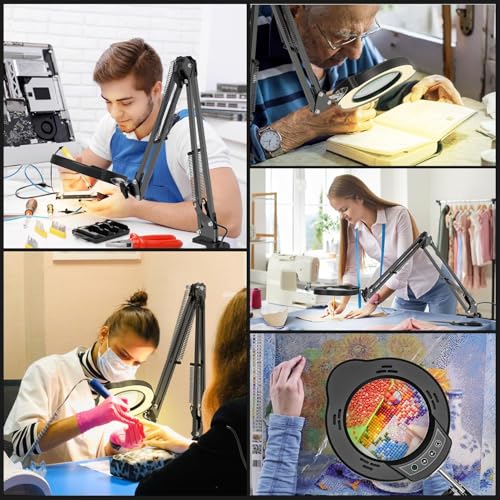 Magnifying Glass with Light and Clamp, 15X 10X Desk Magnifying Lamp, 84 LED Real Glass Lens Magnifier, 5 Color Modes Stepless Dimmable, Adjustable Hands Free Table Lamp for Repair Crafts Hobby Sewing
