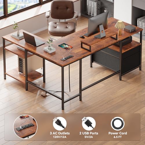 Furologee 50 Inch L Shaped Computer Desk with Power Outlet, Rustic Brown - color: Rustic Brown, size: 50 Inch