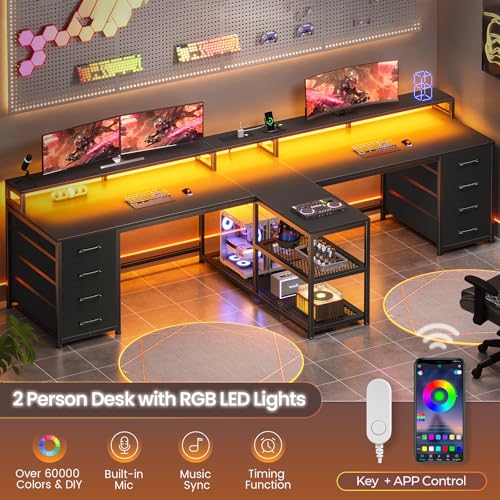 SEDETA 94.5" 2 Person Gaming Desk with 8 Drawers & Storage Shelves, Black | Double T Shaped Office Desk with LED Lights, Power Strip with USB & Monitor Stand for Home Office, Bedroom - color: Black