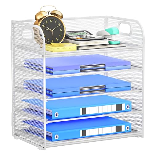 5-Tier Stackable Paper Organizer with Handle, White | Metal Mesh Desk Organizer Letter Tray, Office Storage & Organization for Home, School & Workplace - color: White, size: 12.6" x 9.1" x 13.4"