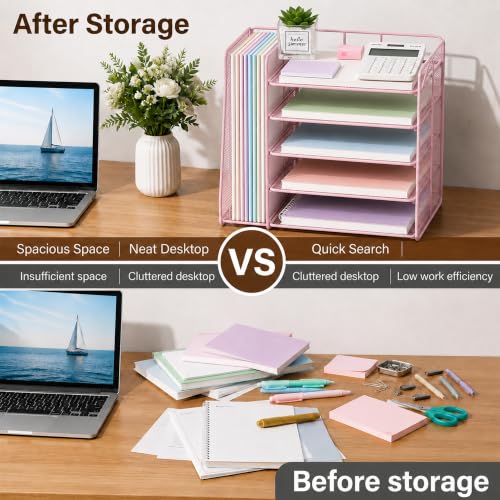 OPNICE Desk Organizer, 5-Tier Paper Organizer Letter Tray, Pink - color: Pink, size: 15.5" x 9" x 10.3"