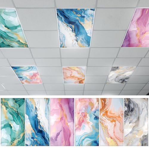 QOUBAI 6 Pcs Fluorescent Light Covers, 4x2 Feet Magnetic Light Cover Fluorescent Lights Shade Panel Positive Inspirational Ceiling Lights Filters for Office Classroom Home Drop Ceiling Marble - color: Marble