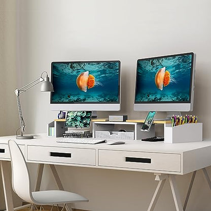 Simple Houseware Desk Dual Monitor Stand Riser with Drawer, Oak - color: Oak