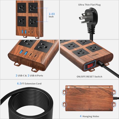 TOPREK Surge Protector Power Strip (2100J), 6 Widely-Spaced Outlets with 2 USB-C & 2 USB-A, 6.5 FT Extension Cord with Ultra-Thin Flat Plug, Wood Finish Power Strip with USB for Home, Office