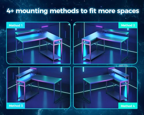 MOTPK L Shaped Gaming Desk with Power Outlet, Reversible Gaming Desk with Height Adjustable Monitor Stand, Gaming Computer Desk 43inch with LED Lights, Home Office Desk, Black