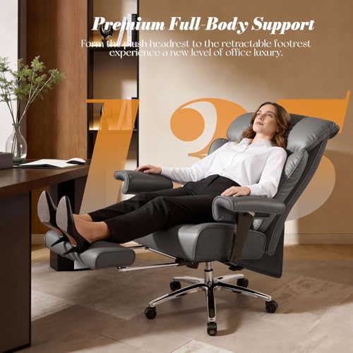 Efomao Big and Tall Executive Office Chair 400lbs, Heavy Duty Computer Chair with 24" Extra Wide 6.1" Spring Cushion, 3" Height Adjustable Armrests, Desk Chair with Footrest, Grey - color: 3060-grey
