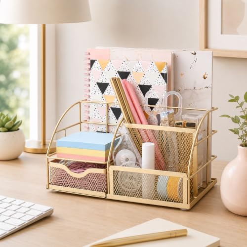 Exerz Desk Organizer Metal Mesh 7 Compartments Office Tidy Caddy Gold - color: Gold