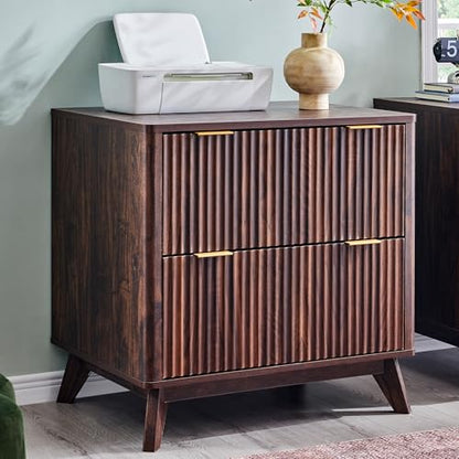 T4TREAM 31.8-Inch Fluted 2 Drawer Lateral File Cabinet, Dark Walnut | Filing Cabinet with Files Hanging Rod for Letter, Legal, A4, Large Tabletop for Printer, Wood Printer Cabinets, Home Office - color: Dark Walnut