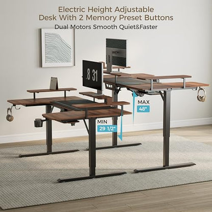 EUREKA ERGONOMIC Gaming Standing Desk with Keyboard Tray,74" U Shaped Studio Desk for Recording&Live,Electric Height Adjustable Desk w LED Convertible Shelves,Walnut