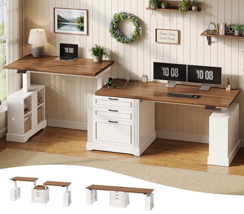 SEDETA 98.4'' Standing Two Person Desk with 3 Drawers, Storage Cabinet | Farmhouse Long Computer Desk, Electric Height Adjustable 2 Person Desk with Power Outlets for Home Office, White+Brown - color: White+brown, size: 98.4 inches