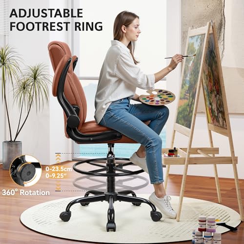 Drafting Chair, Tall Office Chair for Standing Desk, High Executive Leather Ergonomic Computer Chair with Adjustable Height and Flip-Up Armrest for Counter Height Desk, Brown, Pack of 1 - color: Brown