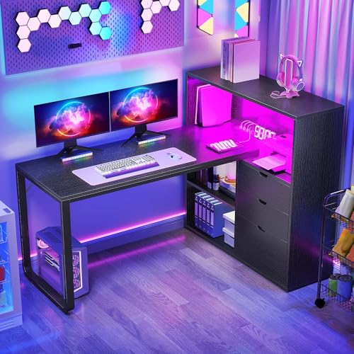 DWVO L Shaped Desk with Drawers, 55" Corner Computer Desk with Bookshelf & Power Outlets & LED Lights, Home Office Desk with Storage Shelves, Black - color: Black