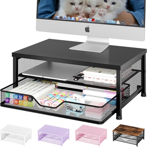 OPNICE Computer Monitor Stand Riser, Desk Organizer with Drawer, Printer & Laptop Stand, Office Desk Accessories & Workspace Desktop Organizers Storage for Office Supplies(Black) - color: Black, size: 14 x 9.1 x 5.6