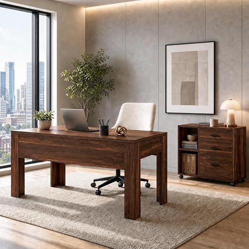 Tribesigns L Shaped Executive Desk with Drawers,Walnut | Large Office Desk with Rolling File Cabinet Combo,Home Office Computer Desk,Wooden Desk with Long Front Baffle - color: Walnut
