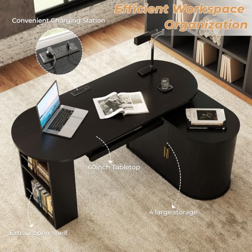HSH 60 Inch L Shaped Computer Desk, Reversible Office Desks with Storage - color: Black