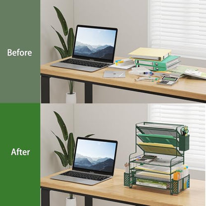 Simple Trending 7 Tier Desk File Organizer, Letter Tray Paper Organizer with Pen Holder and Metal Hanging Basket, Green - color: Pen Holder Green