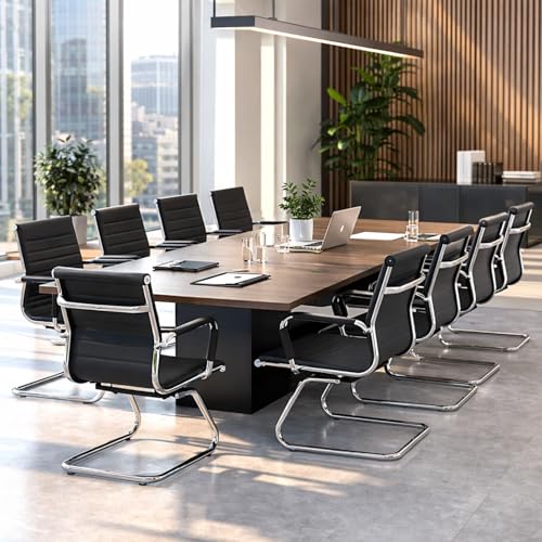 Conference Room Chairs Set of 6, Waiting Room Chairs with Arms, Faux Leather Reception Chairs No Wheels, Office Guest Chairs with Mid Back Support and Chrome Sled Base, Black - color: Black, size: 6PCS