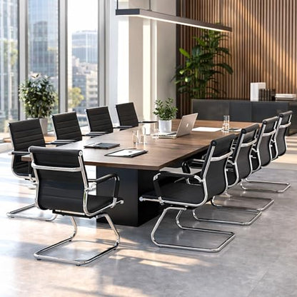 Conference Room Chairs Set of 6, Waiting Room Chairs with Arms, Faux Leather Reception Chairs No Wheels, Office Guest Chairs with Mid Back Support and Chrome Sled Base, Black - color: Black, size: 6PCS