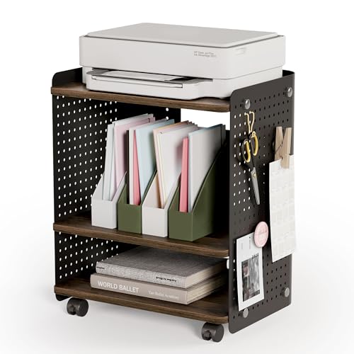 Fenge 3D Printer Stand, Heavy Duty Printer Cart with Wheels, Brown | 17.8"W x 13.2"D x 21.8"H, Heavy Duty Pegboard Storage Organizer with Adjustable Shelf, 3-Tier Home Office Stand - color: Brown