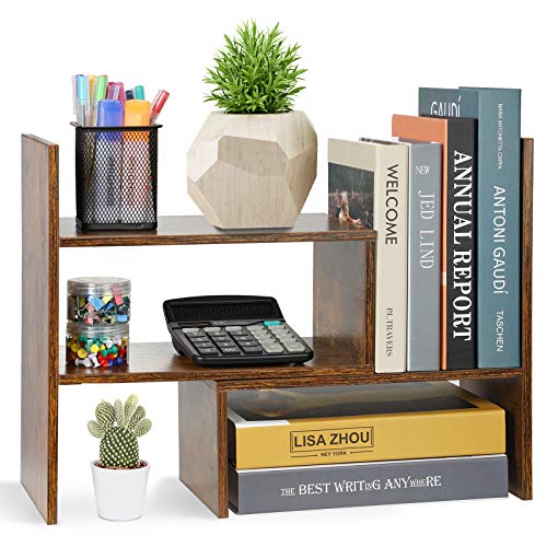 Sorfity Expandable Wood Desktop Bookshelf Desktop Organizer Office Storage Rack Wood Display Shelf, Counter Storage Rack Top Bookcase - Freestyle Display Natural Stand Office Supplies Desk Organizer - color: Brown