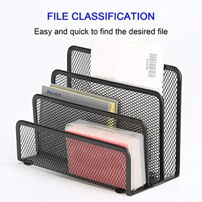 Desk Mail Organizer, File Holder Letter Sorter with 3 Vertical Upright Metal Mesh Compartments Document, Filing, Folders, Mail, Paper Organizer for Home or Office Desktop (2PCS)