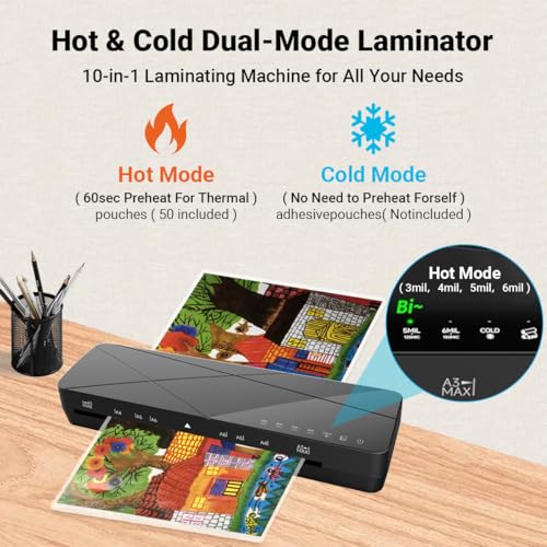 A3 Laminator Machine 13 Inch Thermal Cold 10-in-1 Auto Feed Laminator with 50 Sheets, Paper Trimmer, Corner Rounder, Fast Warm Up Jam-Proof for Home Office School Documents Photos (Black) - color: Black