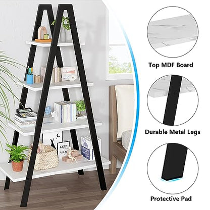 Recaceik 4-Tier A-Shaped Ladder Bookshelf, Industrial Faux Mable Bookcase with Metal Frame, Farmhouse Open Display Shelves for Living Room, Bedroom, Office - color: White