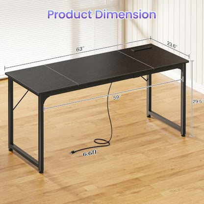 PRAISUN 63 X 24 Inch Computer Desk, Power Outlets, USB-C, Black - color: Black, size: 63inch