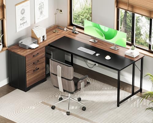 AODK 61" L Shaped Office Desk, Wood Drawers & Lockable File Cabinet, Walnut | Reversible, 21.7" Deep Desktop, 3 Outlets & 2 USB Ports, Engineered Wood & Steel Frame, Legal Storage - size: 61 Inch