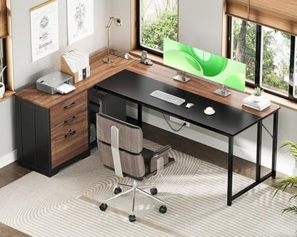 AODK 61" L Shaped Office Desk, Wood Drawers & Lockable File Cabinet, Walnut | Reversible, 21.7" Deep Desktop, 3 Outlets & 2 USB Ports, Engineered Wood & Steel Frame, Legal Storage - size: 61 Inch