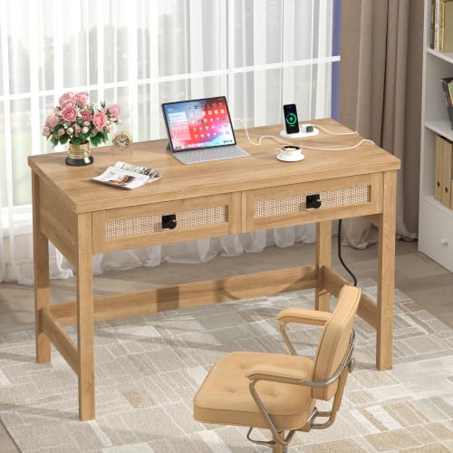 YOMILUVE Rattan Computer Desk with 2 Drawers, 39 Inch Small Desk with Power Outlets, Farmhouse Boho Vanity Desks, Compact Writing Study Table for Small Spaces, Oak - color: Oak
