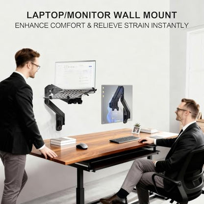 WALI Laptop Wall Mount, Fully Adjustable Laptop Arm Fits 10 to 17" Notebook, 2-in-1 Monitor Wall Mount for 17 to 32" Computer Screen, Holds up to 15.4-22lbs(GSWM001NLP), Black