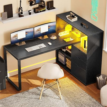 YITAHOME L Shaped LED Desk with Power Outlets & File Cabinet, Black - color: Black