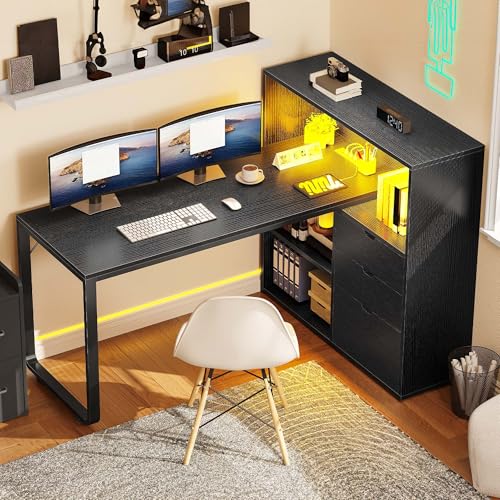 YITAHOME L Shaped LED Desk with Power Outlets & File Cabinet, Black - color: Black