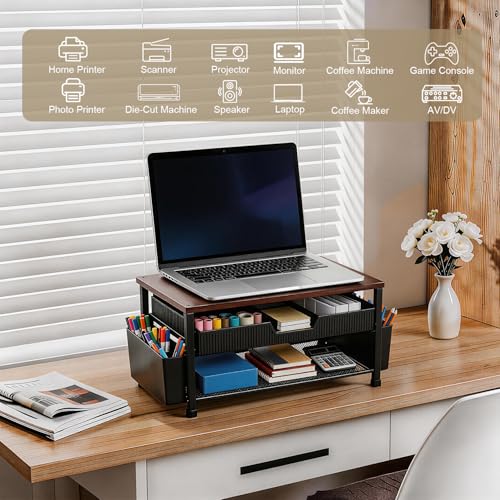 Printer Stand for Desk, Desktop Printer Shelf for Home Office, Brown - color: Brown-High