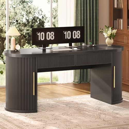 SEDETA Office Desk with 2 Drawers, 58.3" x 21.7" Fluted Long Computer Desk with 2 Sliding Doors Storage and Power Strip, Wood Executive Desk for Home Office, Living Room, Bedroom, Black - color: Black, size: 58.3"