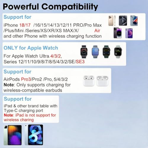 6 in 1 Wireless Charger for Apple Multiple Devices, Charging Station with Clock &7 Color Ambient Light, Foldable Rotate Stand for iPad, for iPhone18/17/16/15, Support for Apple Watch12/11 For AirPods5 - color: Jet Black