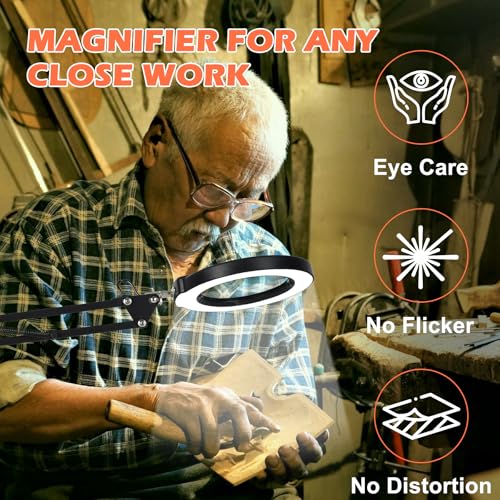 12X Magnifying Glass with Light and Stand, Real Glass Lens Magnifying Desk Lamp, Lighted Magnifier with Light Stepless Dimming Hands Free for Craft, Reading, Painting, Sewing, Solder - color: Black