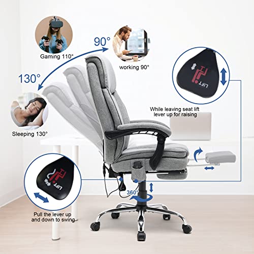 HOMREST Reclining Office Chair with 4-Point Massage, Breathable Fabric Executive Chair with Retractable Footrest, Ergonomic Computer Chair with High Back, Reclining Gaming Chair for Home, Light Grey