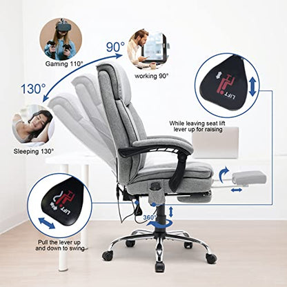 HOMREST Reclining Office Chair with 4-Point Massage, Breathable Fabric Executive Chair with Retractable Footrest, Ergonomic Computer Chair with High Back, Reclining Gaming Chair for Home, Light Grey