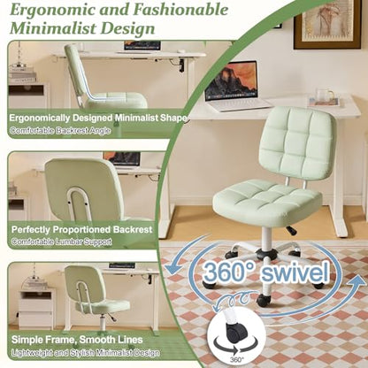 VINGLI Compact Small Desk Chair, Cute Armless Chair with Wheels, Vanity Chair with Low Back, Height Adjustable Task Chair for Small Spaces, Office, Bedroom, Make Up Room, PU Leather, Mint Green - color: Mint Green
